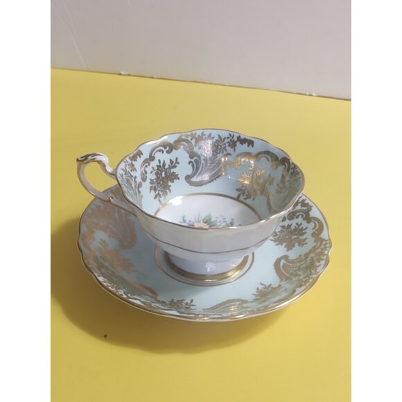 Paragon Wide Mouth Cup & Saucer Floral Center Light Blue Gold 1940's - Picture 12 of 12